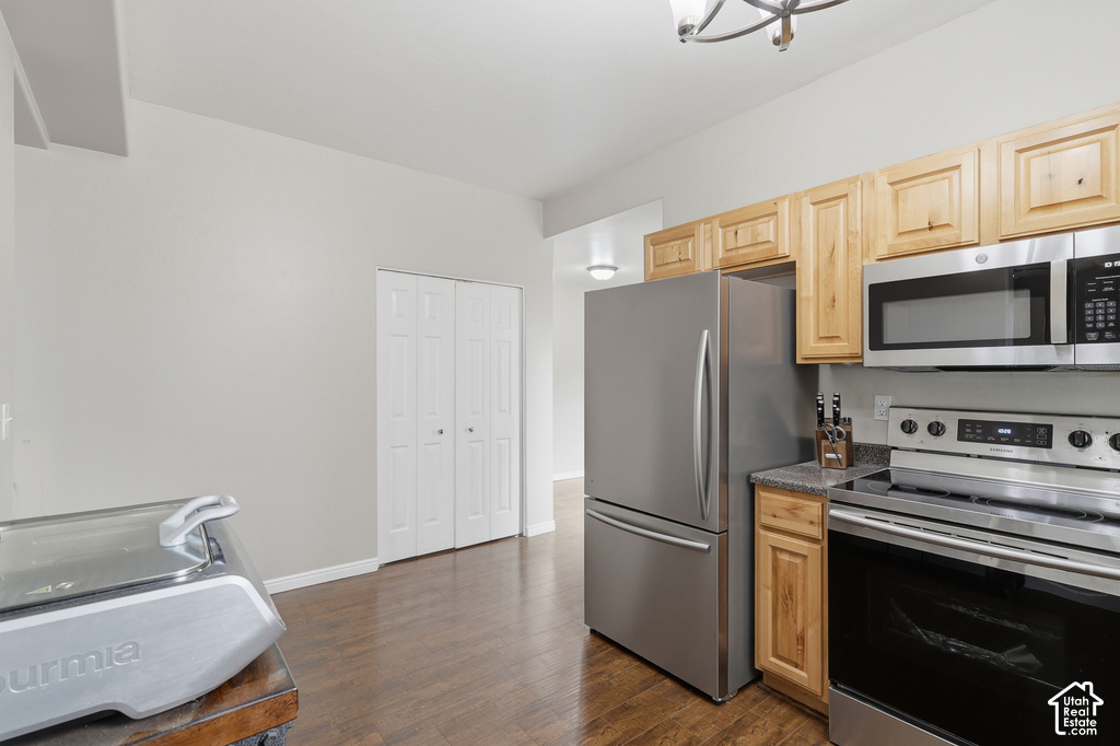 Kitchen area featuring wood-finish flooring, light wood cabinetry, stainless steel appliances, and a stone-look countertop
