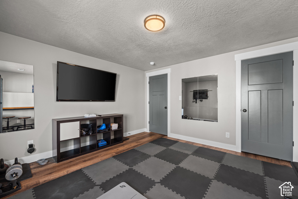 Recreation space featuring checkerboard-patterned floor mats, wood-finish flooring, two panel doors with contrasting trim, and a built-in wall niche
