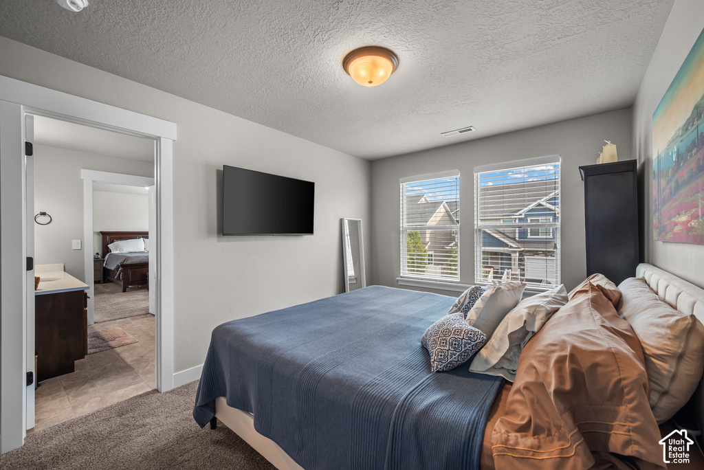 Carpeted bedroom featuring two windows with blinds, a ceiling-mounted light fixture, and a wall-mounted television
