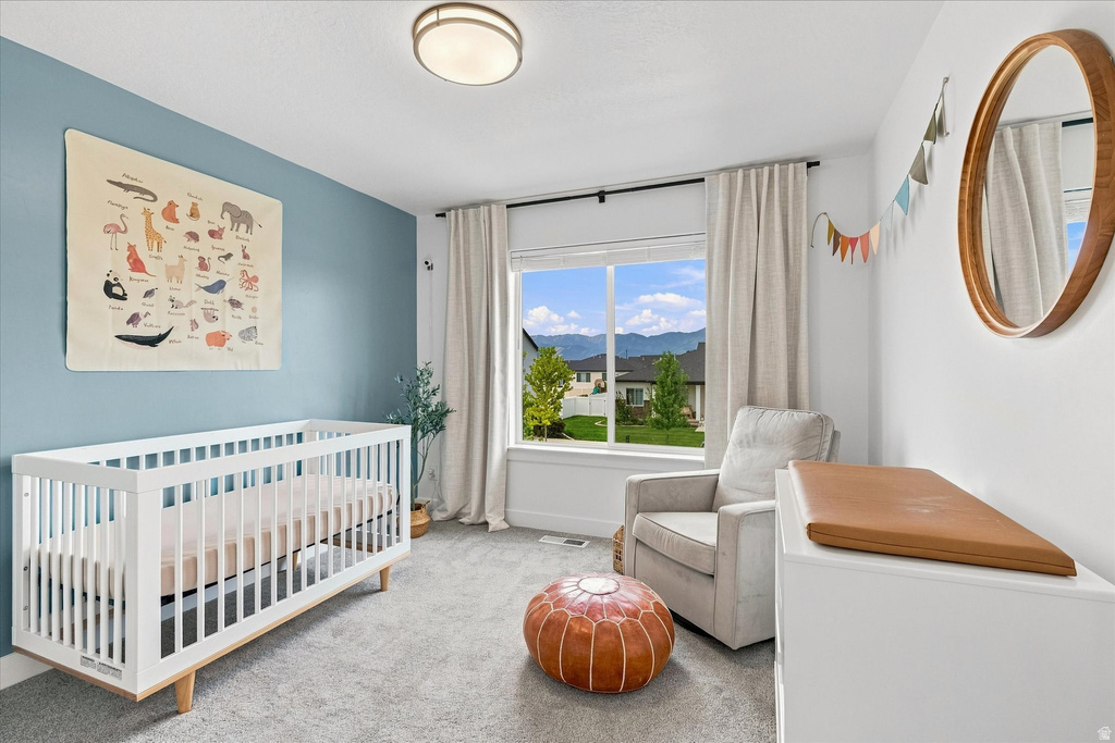 Carpeted room with a prominent window offering mountain scenery