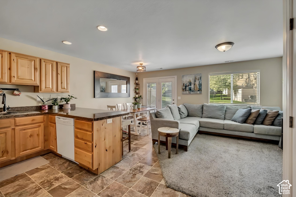 Open-concept living area featuring a kitchen with wood cabinetry and dark countertops, a dining space, and a living room