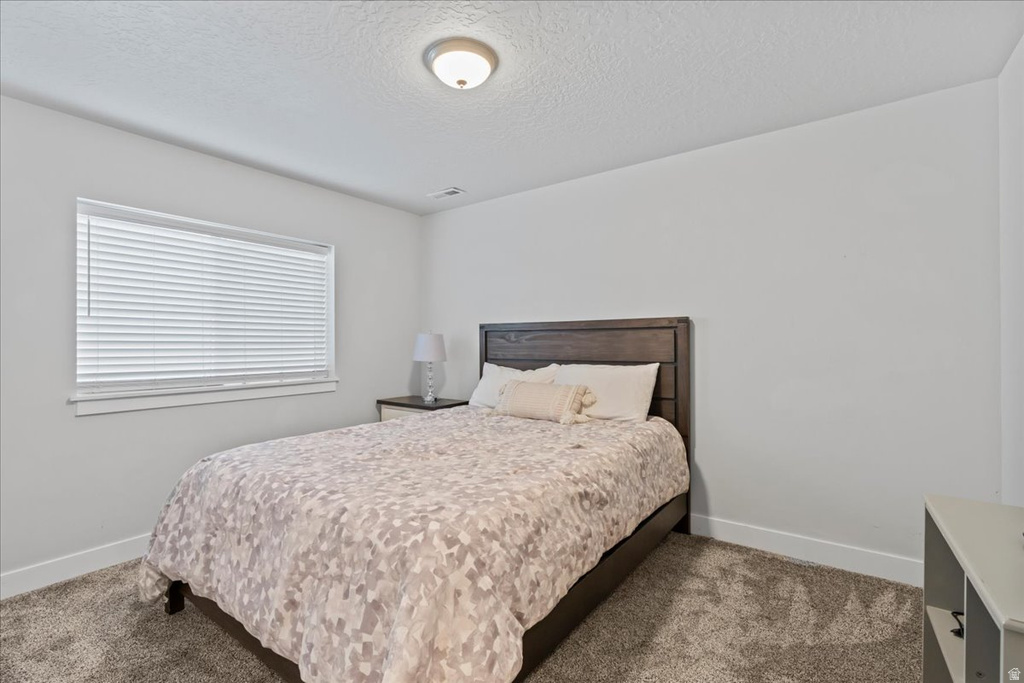 Carpeted room with a horizontal window featuring white blinds, light gray walls, and white baseboards