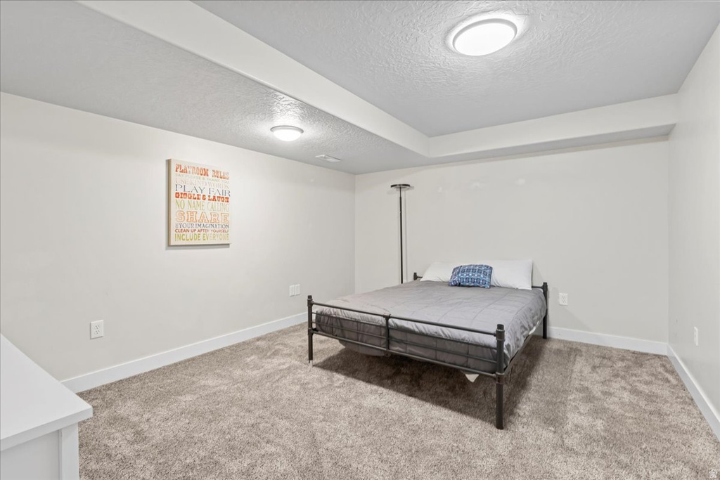 Recessed ceiling with two flush-mount light fixtures, neutral-toned walls, and a light gray carpeted floor