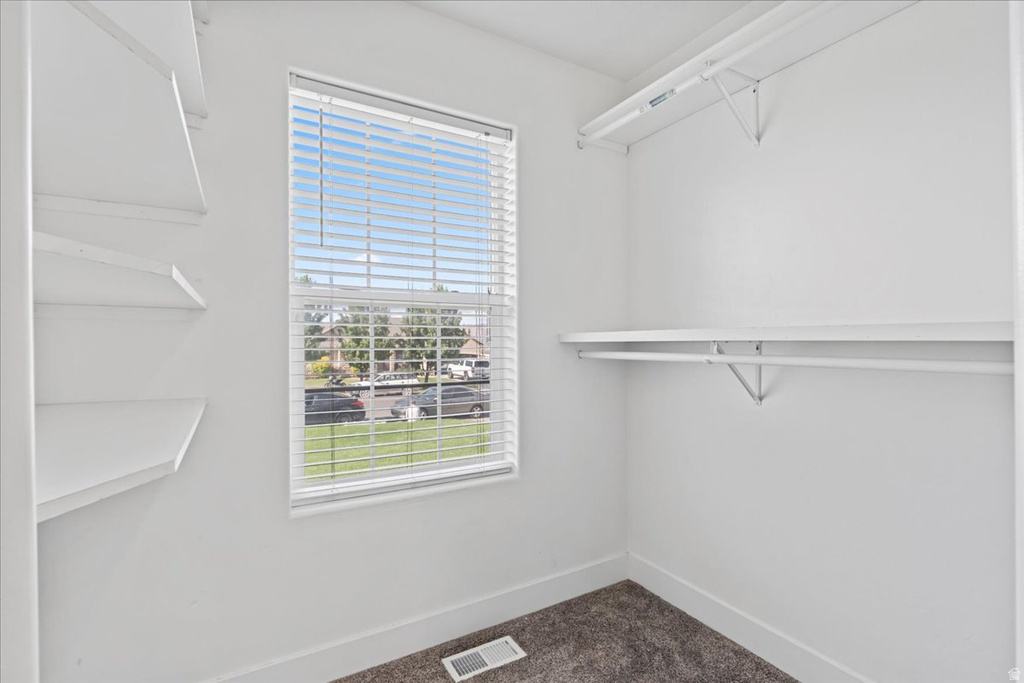 White-painted closet featuring built-in shelving, hanging rods, and a window with blinds