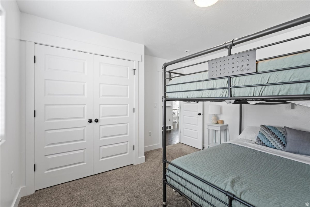 Interior room featuring a built-in closet with double panel doors and matte black hardware, textured carpet flooring, and a flush-mount ceiling light fixture