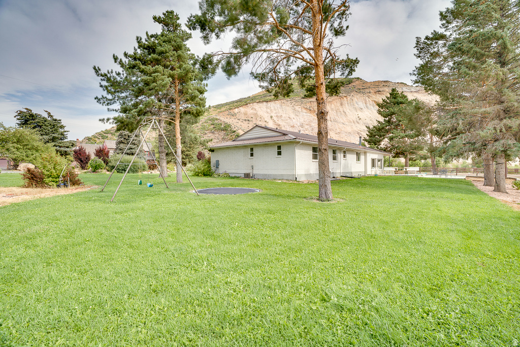 Expansive rear yard featuring a large grass lawn, mature trees, and a backdrop of natural hillside terrain