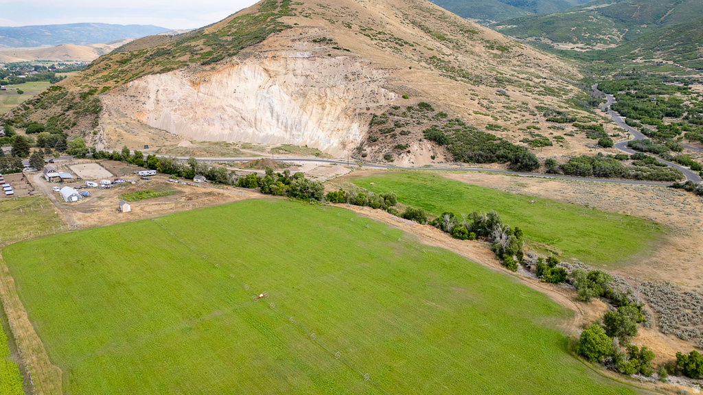Expansive green fields with a winding river and mountainous backdrop