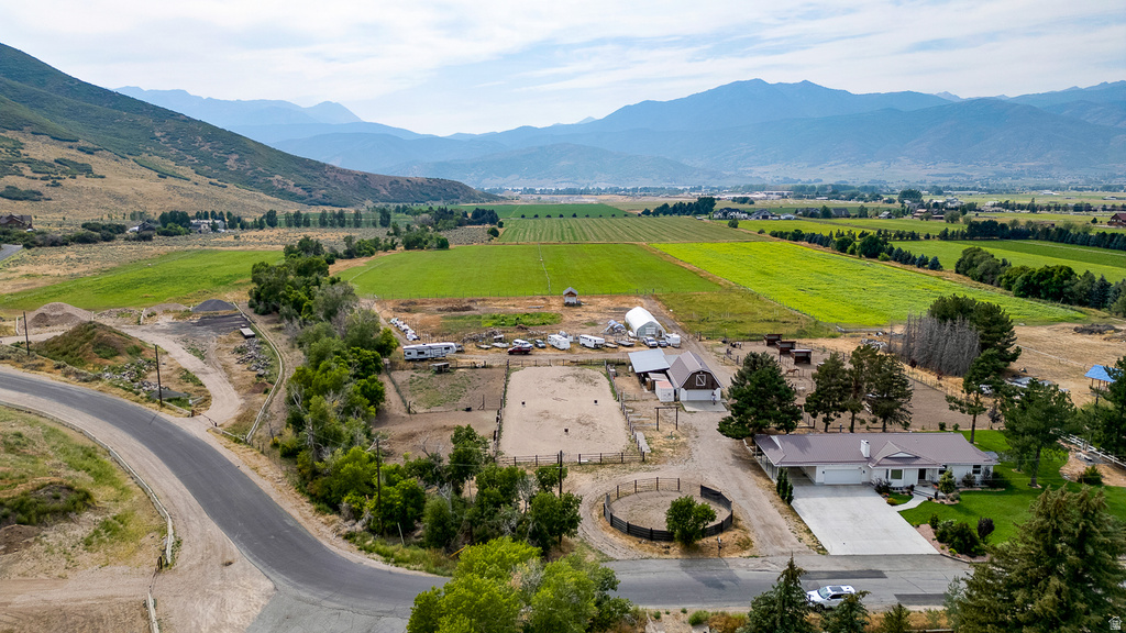 Aerial perspective showcasing a single-story residence with a paved driveway, green lawn, and mature trees