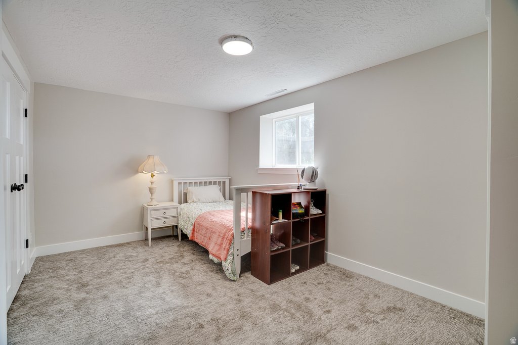 Neutral-toned interior room featuring light gray walls and a gray patterned carpet
