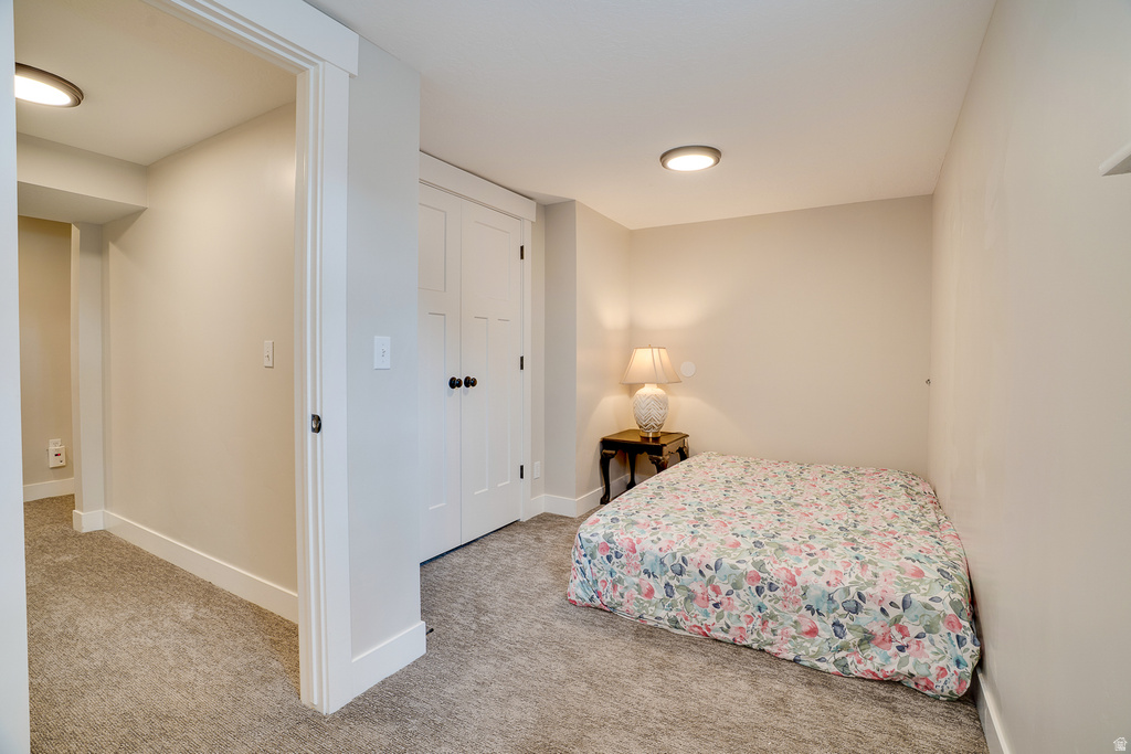 Carpeted room with a double-door closet featuring black hardware