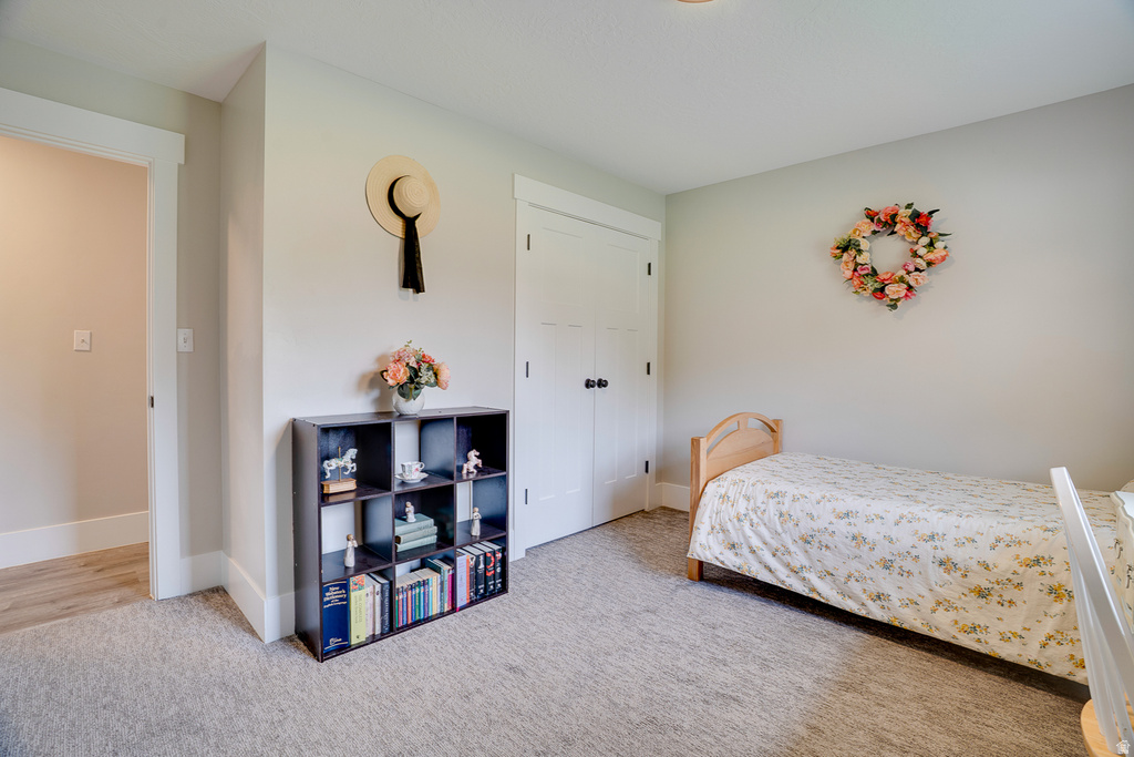 Light gray wall paint, white trim, and a textured gray carpet create a neutral palette