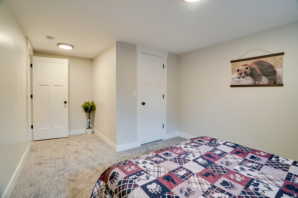 Neutral-toned bedroom featuring plush carpet flooring, white trim, and two paneled doors with matte black hardware