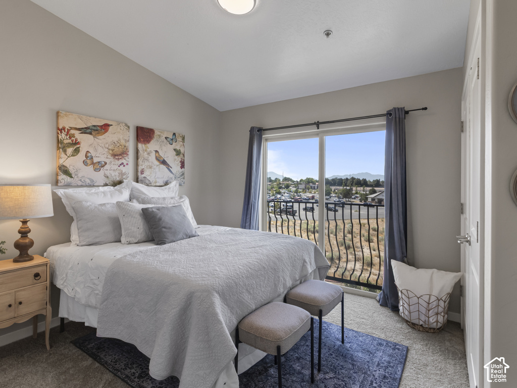 Bedroom featuring a sliding glass door with a wrought iron balcony, light-toned carpeting, and neutral wall paint