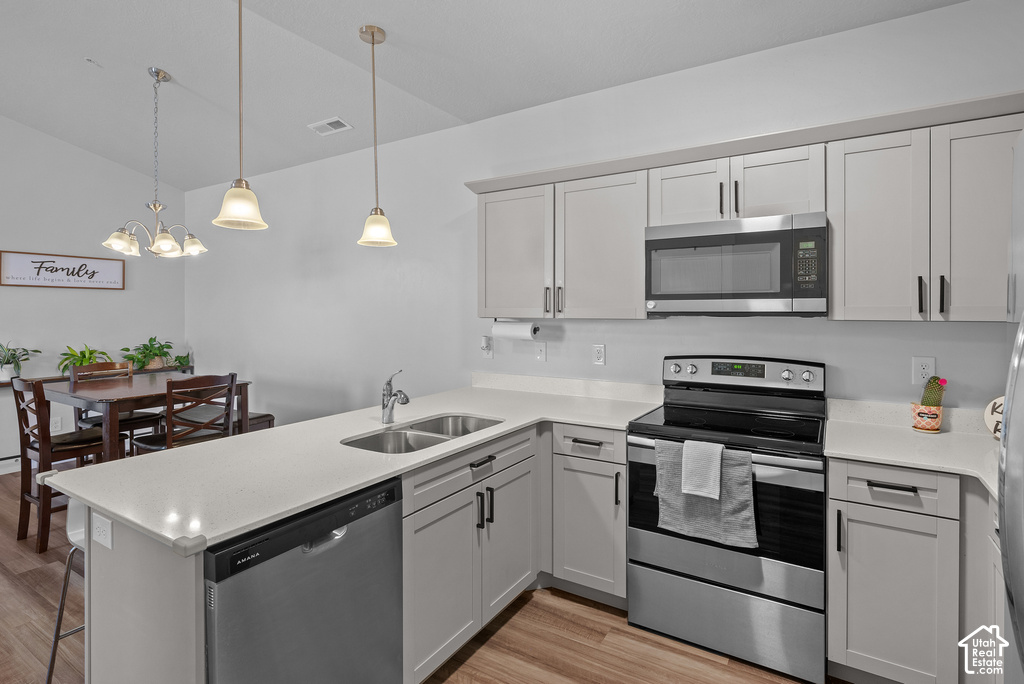 Modern kitchen featuring light gray cabinetry, stainless steel appliances, and a double basin sink