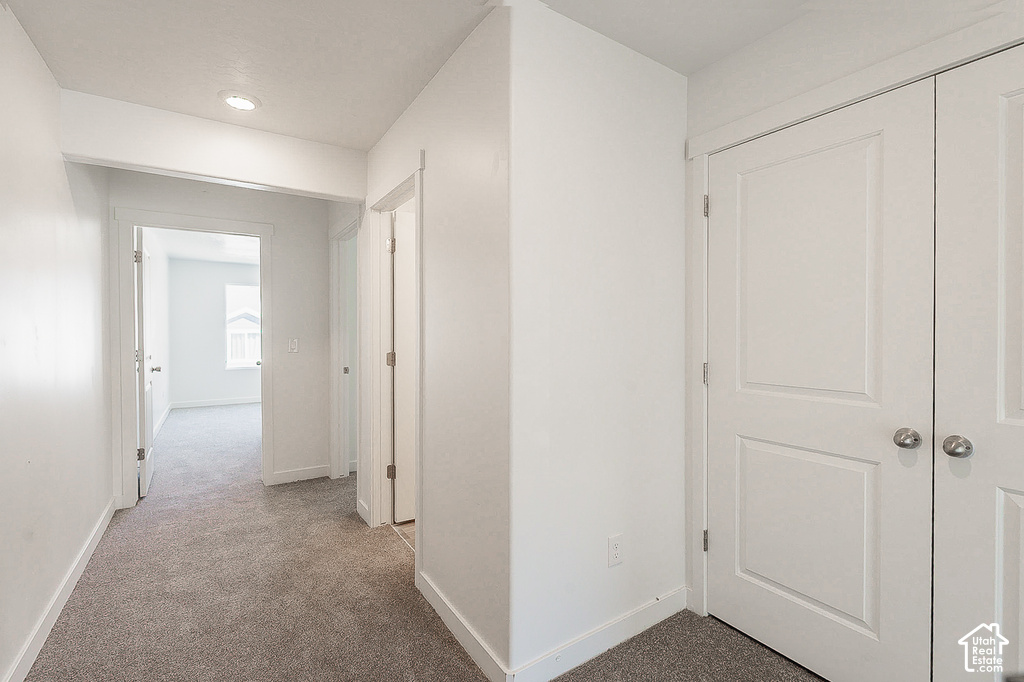 Spacious hallway with neutral carpet flooring, recessed ceiling lighting, and abundant natural light from the entry