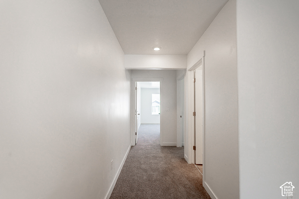 Bright hallway with recessed lighting and neutral wall finishes, featuring multiple white six-panel doors and warm wood-finish flooring throughout