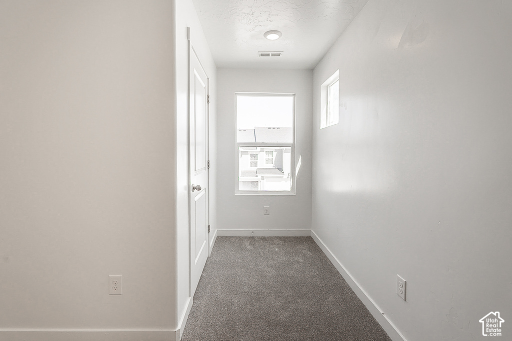 Bright hallway with recessed ceiling lighting, neutral white walls, and gray carpet flooring