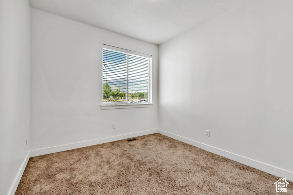 Bright bedroom featuring neutral walls, expansive windows with plantation shutters, and plush carpet flooring