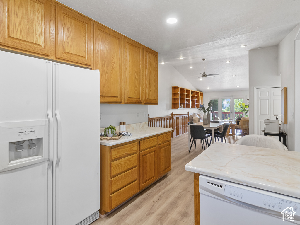 Wood-finish flooring throughout the kitchen and dining areas