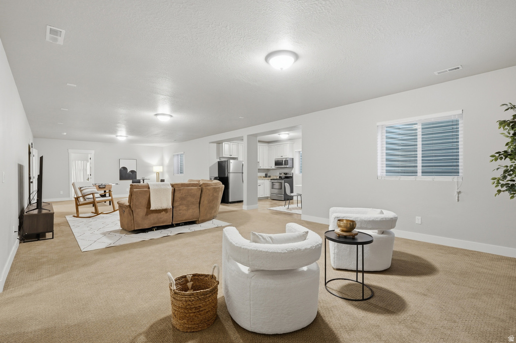 Open-concept living space featuring neutral carpeted flooring and light-toned walls