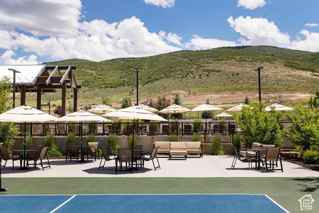 Outdoor hard court with defined playing lines