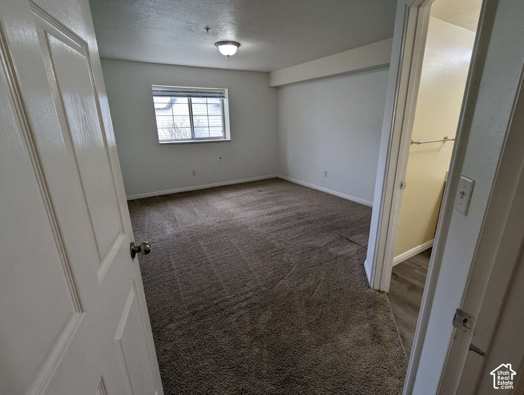 Wall-to-wall carpeting, window with horizontal blinds, built-in ceiling light fixture, closet with hanging rod, wood-finish flooring in closet