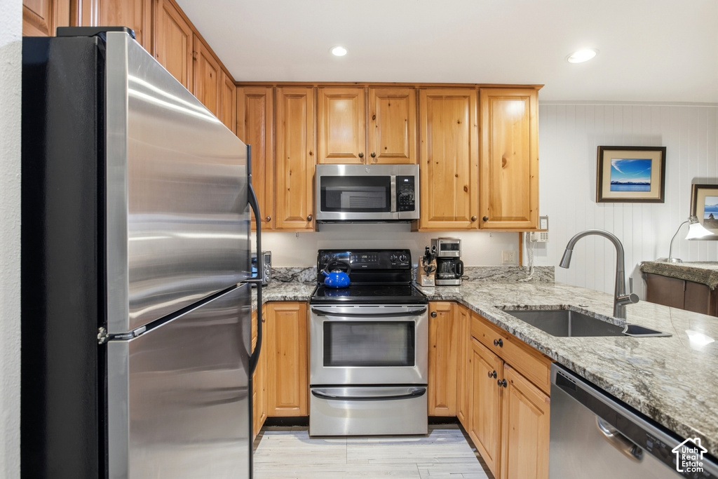 Kitchen featuring wood cabinetry, stainless steel appliances, granite countertops, and a single basin sink with a gooseneck faucet