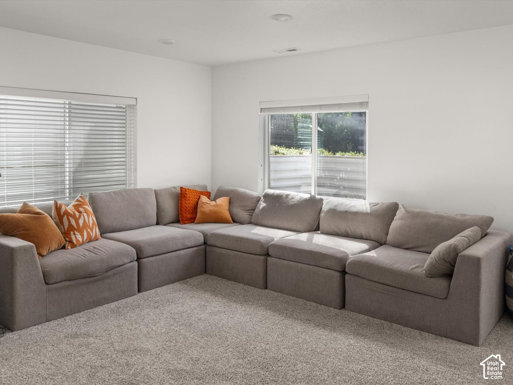 Recessed ceiling lighting, white walls, two windows with blinds, and light-colored carpet flooring