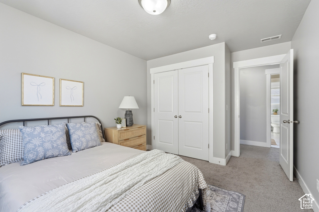 Carpeted flooring, paneled interior doors, and a flush mount ceiling light fixture