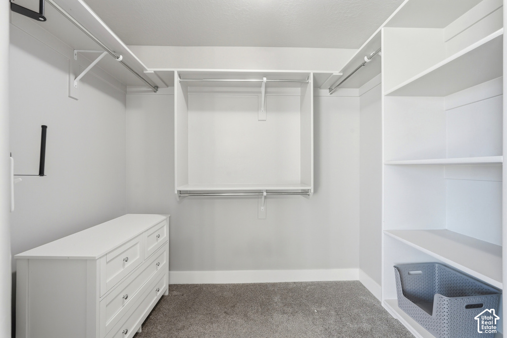 Walk-in closet featuring built-in shelving, hanging rods, and a white dresser with drawers