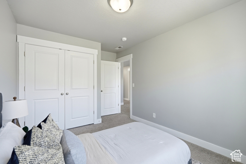 Light gray wall paint, white trim, recessed lighting, white panel doors, and gray carpeting