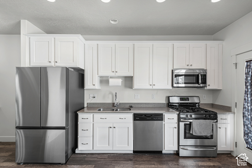 Kitchen featuring white shaker-style cabinetry, stainless steel appliances, dark wood-finish flooring, and recessed lighting