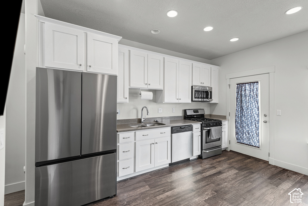 Kitchen featuring stainless steel appliances, white cabinetry, dark wood-finish flooring, recessed lighting, and a glass-paneled exterior door