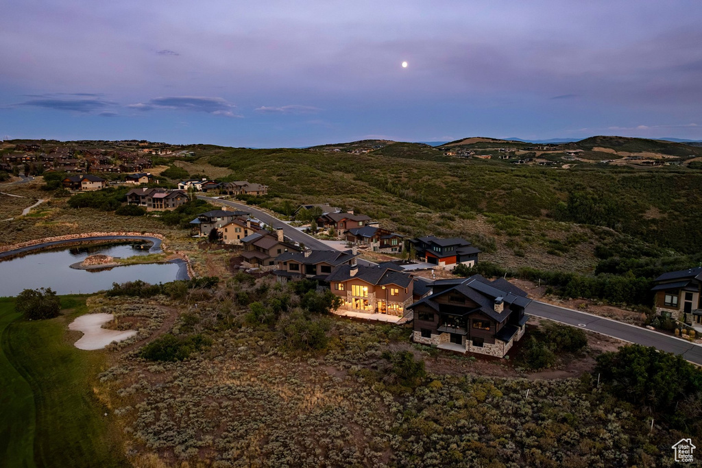 Hillside properties with varied architectural styles, a paved street, and a pond feature