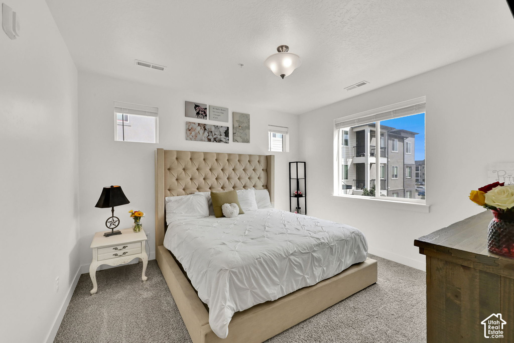 Neutral paint palette, recessed window, carpeted flooring, flush mount ceiling light, and additional window