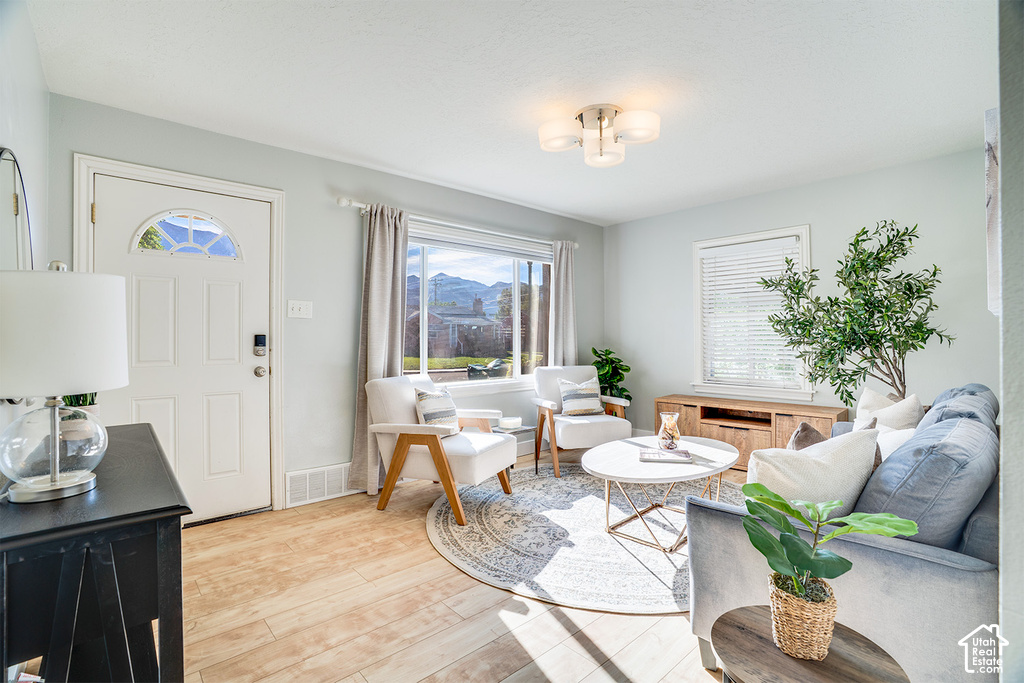 Recessed entry door with an arched transom window, wood-finish flooring, large picture window with outdoor scenery, ceiling-mounted light fixture, and light-toned wall finishes