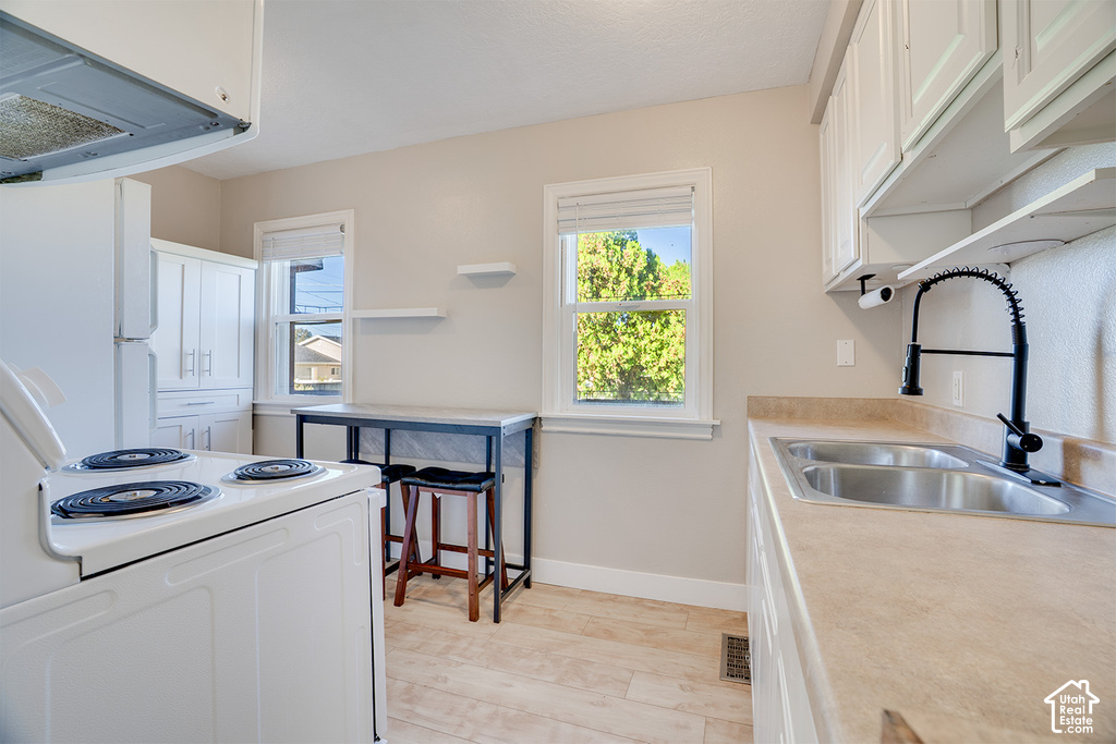 Kitchen featuring white cabinetry, a dual basin sink with a matte black pull-down faucet, light-toned countertops, and wood-finish flooring
