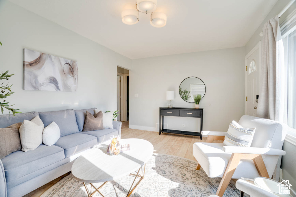 Light-toned wood-finish flooring, white trim, and a white entry door with a decorative glass insert