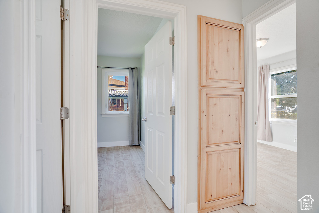 Light wood-finish flooring, white trim, natural wood built-in cabinetry, and white interior doors