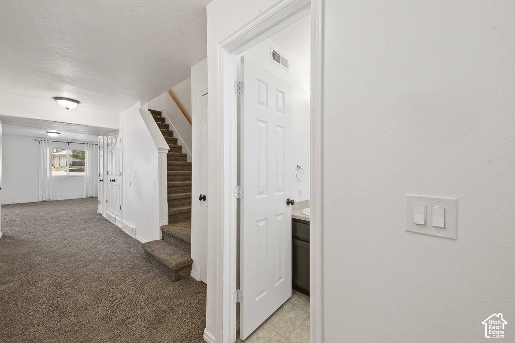 Carpeted staircase with wood banister