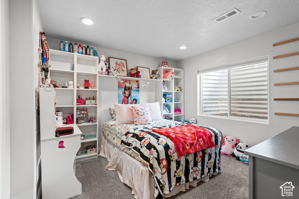 Recessed lighting, built-in shelving, carpet flooring, and a large window