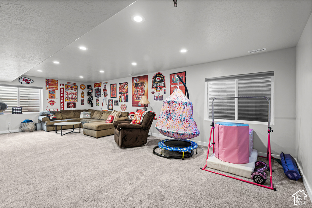 Recessed ceiling lighting, light gray wall paint, and gray carpeted flooring