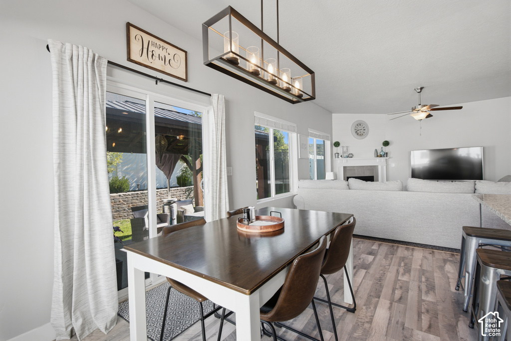 Sliding glass door, wood-finish flooring, recessed lighting, ceiling fan, and a fireplace