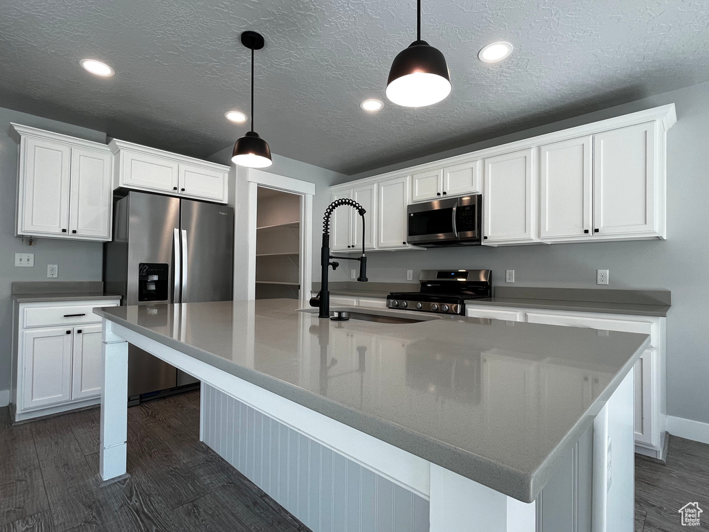 Kitchen featuring a large island with a substantial countertop, white cabinetry, integrated stainless steel appliances, and wood-finish flooring
