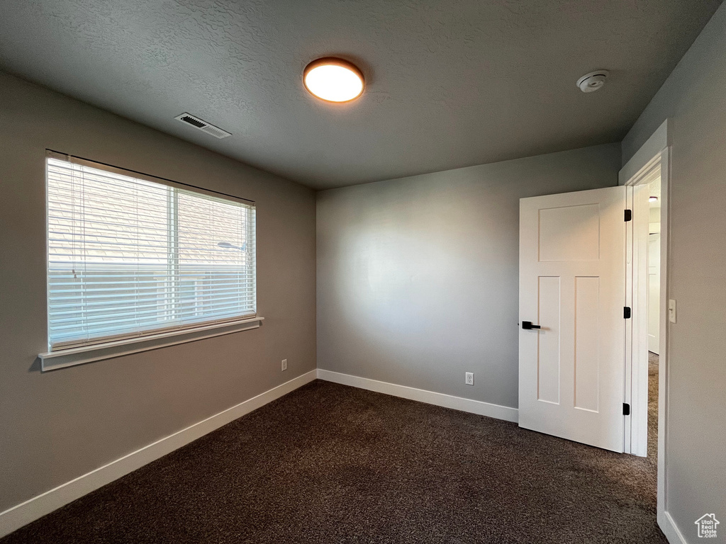 Neutral wall paint, textured carpeting, contemporary flush-mount lighting, horizontal window blinds, and a paneled interior door with matte black hardware