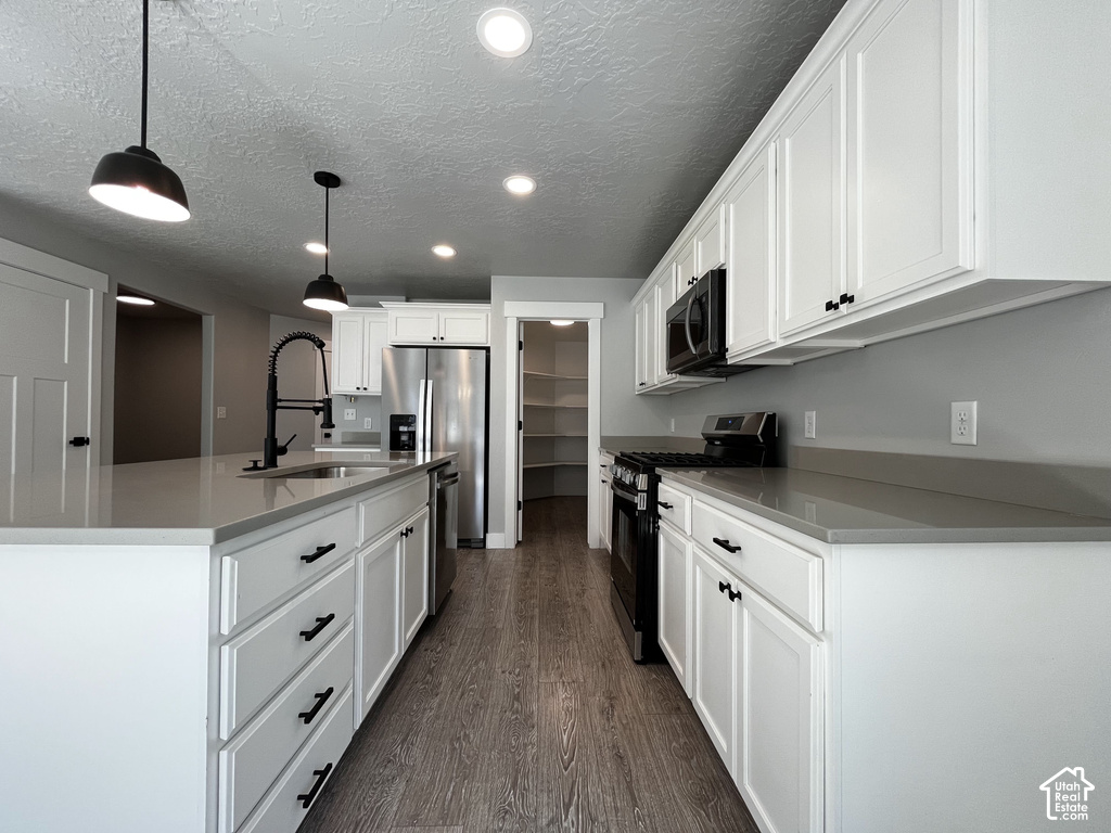 Kitchen featuring white cabinetry, grey countertops, stainless steel appliances, wood-finish flooring, and recessed and pendant lighting