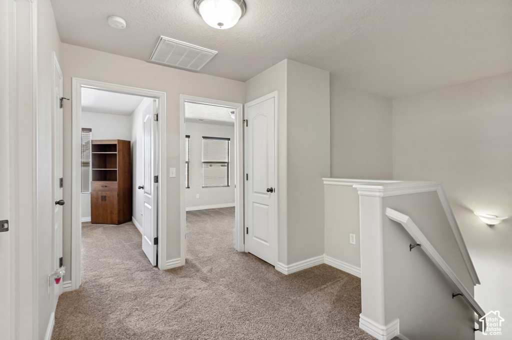 Carpeted hallway with white trim, multiple doorways, and a staircase featuring a white painted railing