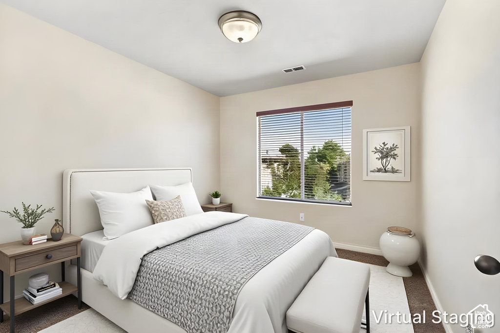 Recessed window with blinds, carpeted flooring, and a flush mount ceiling light