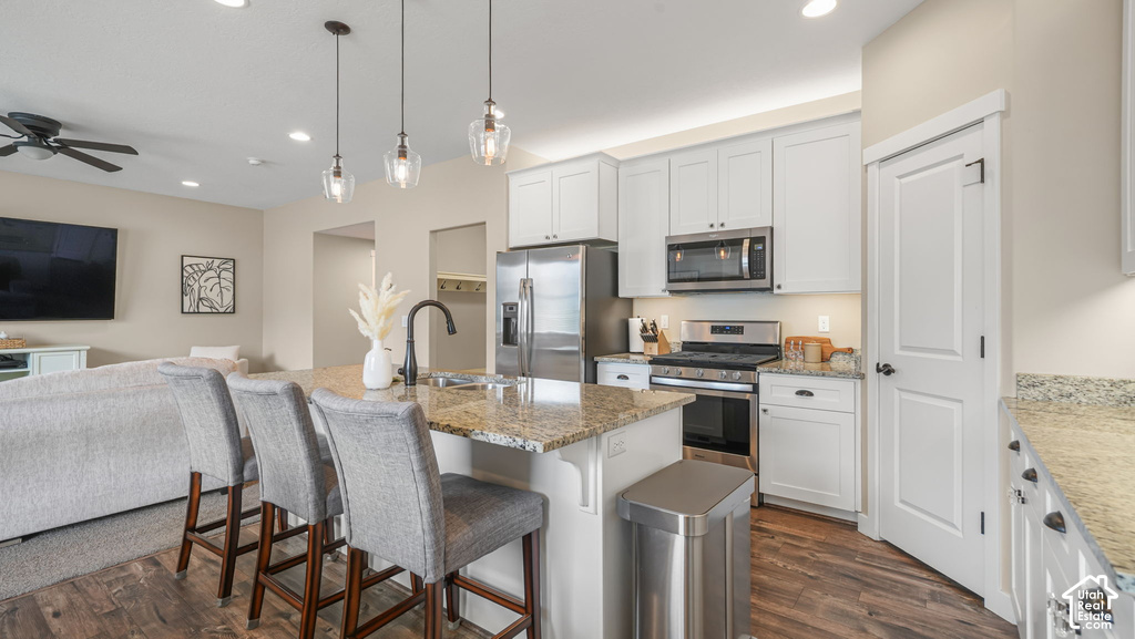 Kitchen island with granite countertop and integrated sink, pendant lighting, stainless steel appliances, white cabinetry, and wood-finish flooring