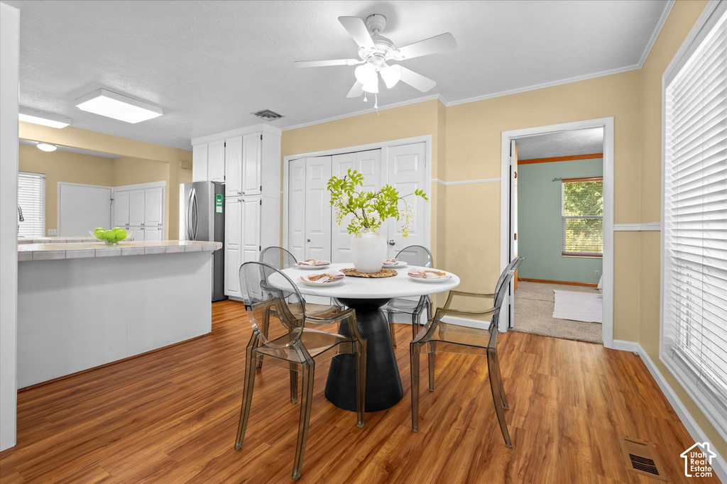Wood-finish flooring, white ceiling fan, white paneled doors, white kitchen cabinetry, and a kitchen island with a light-colored countertop